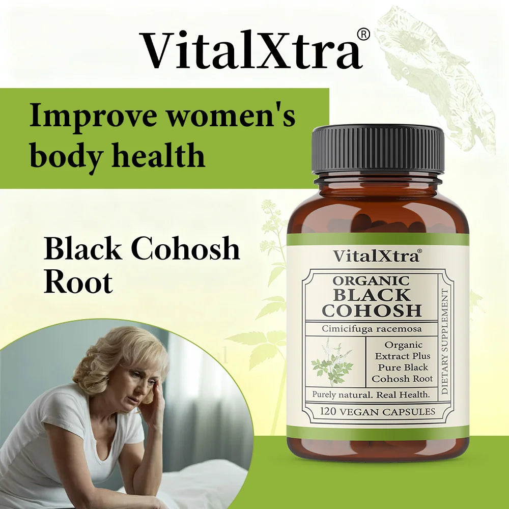 Organic Black Cohosh Root - Menopause Supplements  & Menstrual Support for Women, 120 Capsules, Vegan