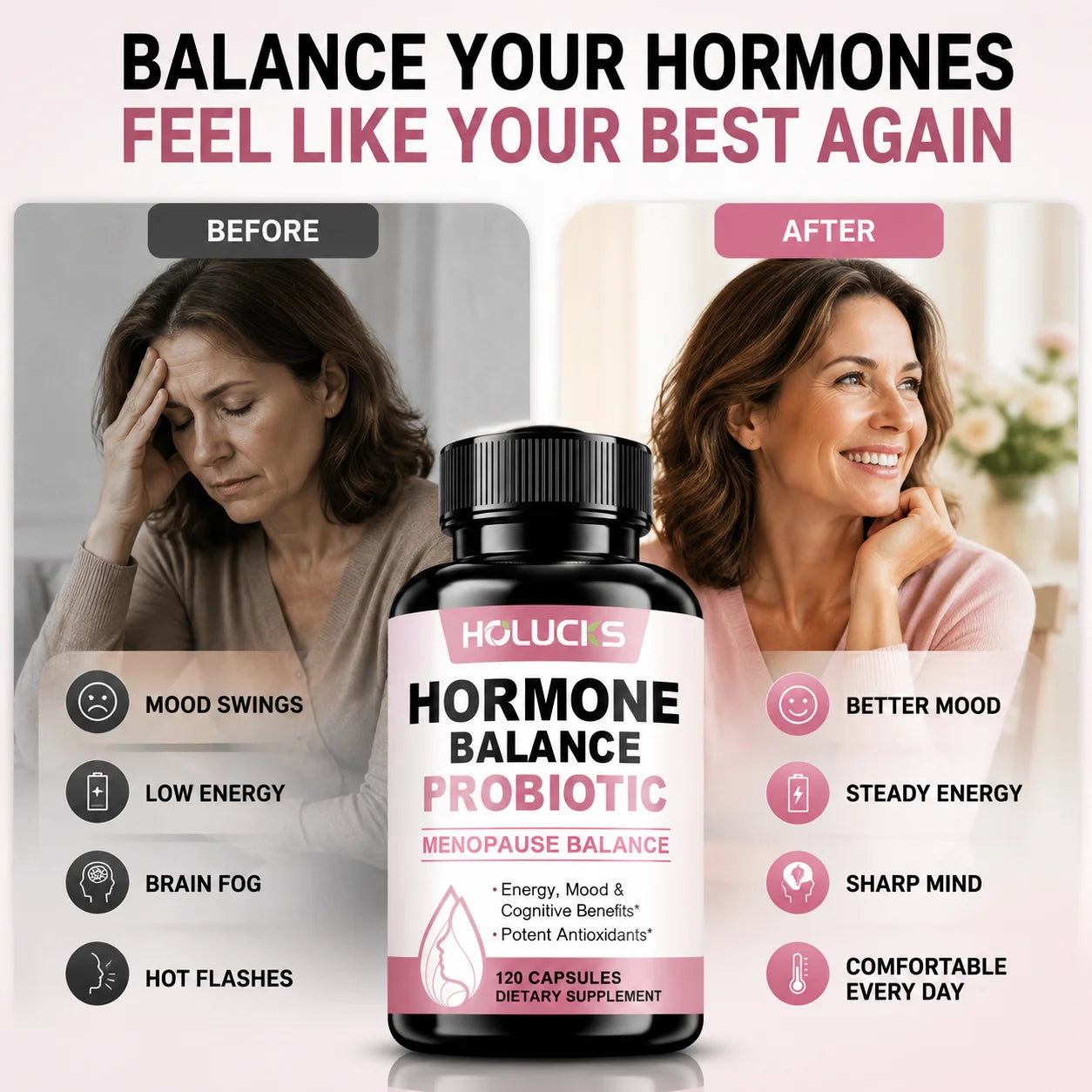 Hormone Balance Probiotic, Supports Menopause Balance, Relieves Fatigue, Mood Swings, Improve Digestion & Metabolism