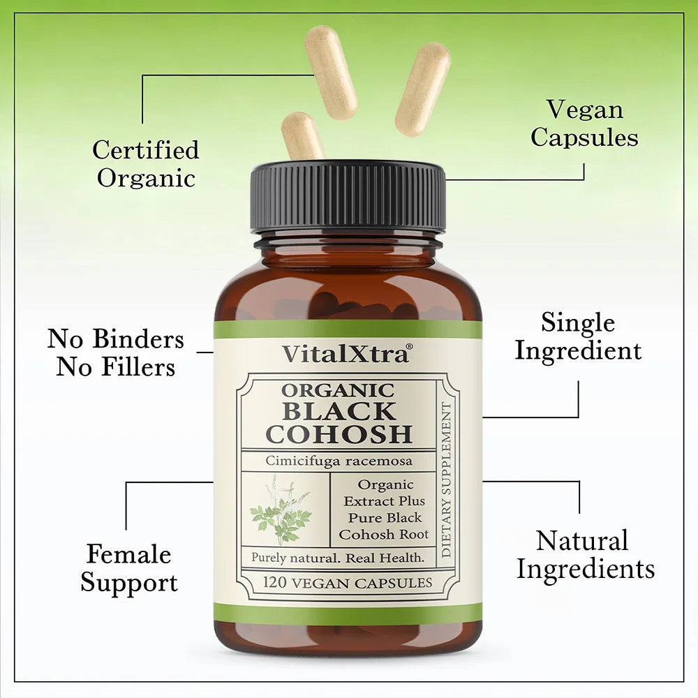 Organic Black Cohosh Root - Menopause Supplements  & Menstrual Support for Women, 120 Capsules, Vegan