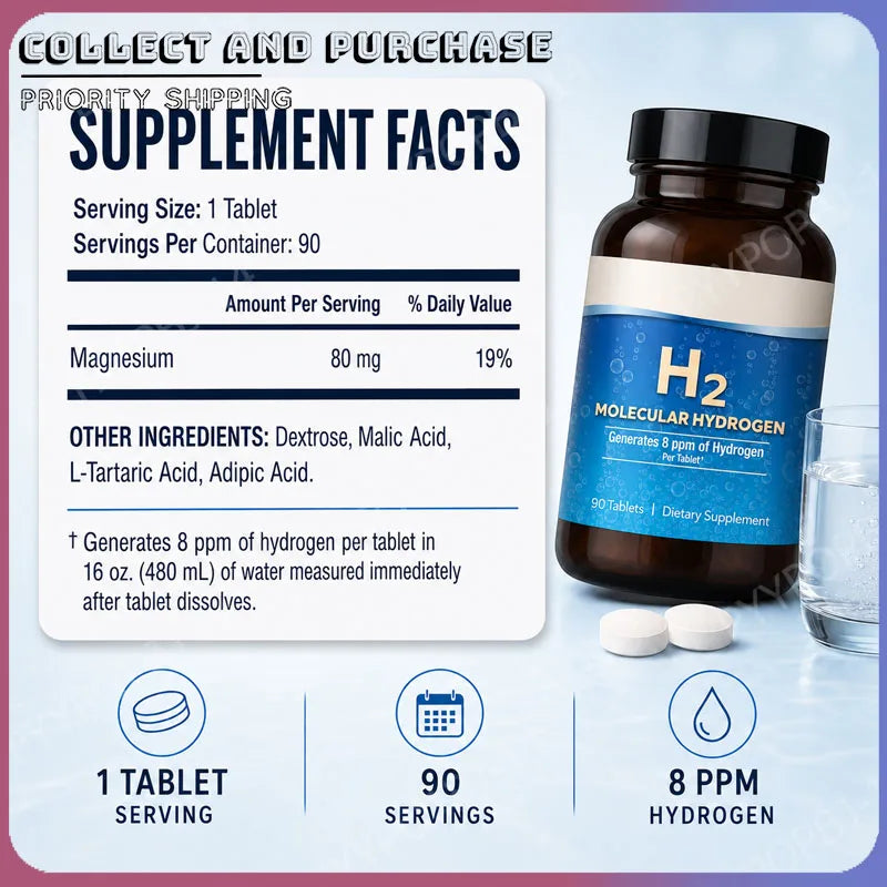 Molecular Hydrogen H2 Tablets 90 Count Elemental Magnesium 8 PPM GMO-Free General Wellness Supplement for Health Maintenance