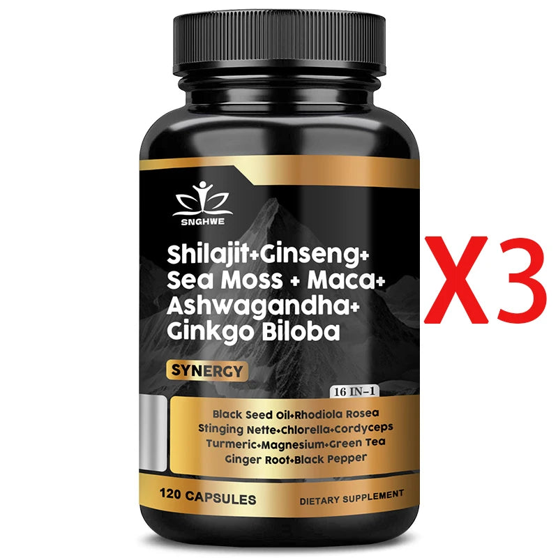 Shilajit Supplements Ginseng & Sea Moss & Ashwagandha & Ginkgo Biloba, Adaptive Energy Endurance Immune Antioxidants Gut Health