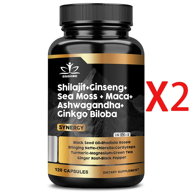 Shilajit Supplements Ginseng & Sea Moss & Ashwagandha & Ginkgo Biloba, Adaptive Energy Endurance Immune Antioxidants Gut Health