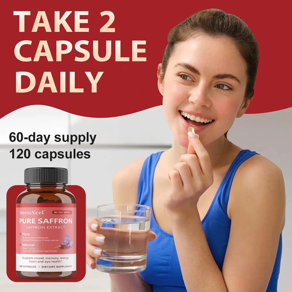 Natural Saffron Supplement Mood | Focus | Vision | Energy Support - Male and Female Eye Health - Non GMO - 120 Capsules