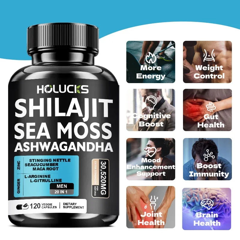 Premium Sea Moss Shilajit Ashwagandha Herbal Capsules, Male Energy Booster, Immune Support, Vitality & Daily Health Supplement
