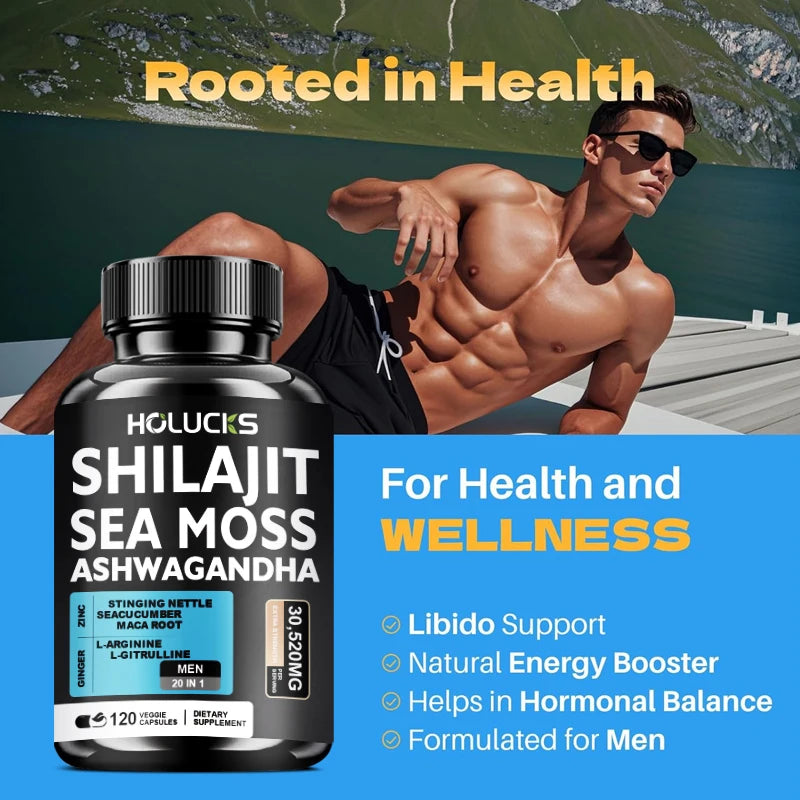 Premium Sea Moss Shilajit Ashwagandha Herbal Capsules, Male Energy Booster, Immune Support, Vitality & Daily Health Supplement