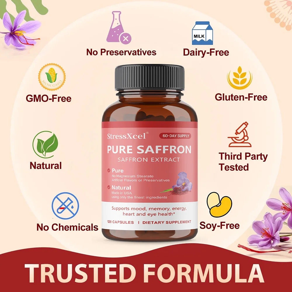 Natural Saffron Supplement Mood | Focus | Vision | Energy Support - Male and Female Eye Health - Non GMO - 120 Capsules