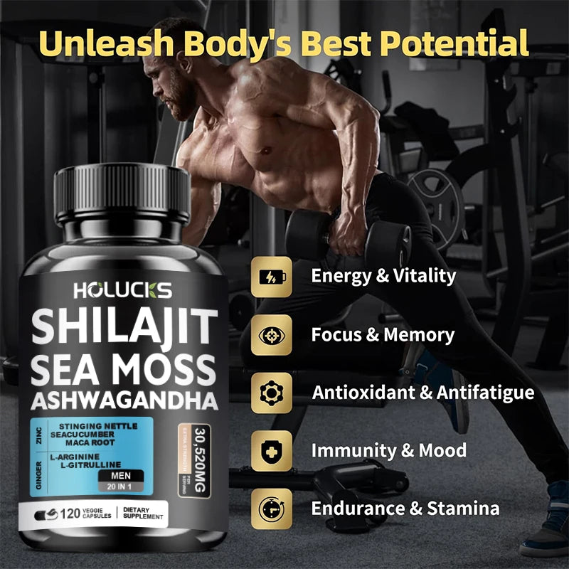 Premium Sea Moss Shilajit Ashwagandha Herbal Capsules, Male Energy Booster, Immune Support, Vitality & Daily Health Supplement