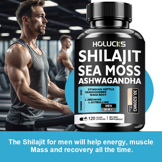Premium Sea Moss Shilajit Ashwagandha Herbal Capsules, Male Energy Booster, Immune Support, Vitality & Daily Health Supplement