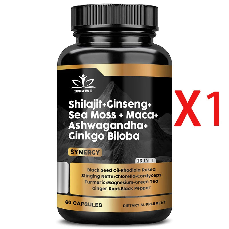 Shilajit Supplements Ginseng & Sea Moss & Ashwagandha & Ginkgo Biloba, Adaptive Energy Endurance Immune Antioxidants Gut Health