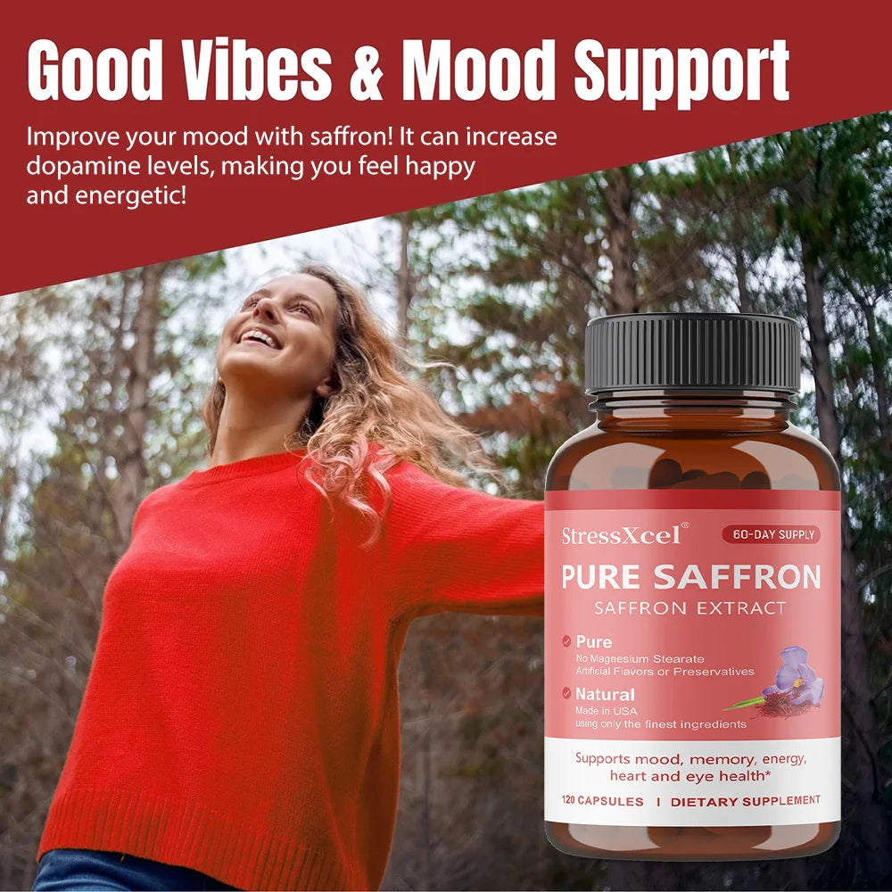 Natural Saffron Supplement Mood | Focus | Vision | Energy Support - Male and Female Eye Health - Non GMO - 120 Capsules